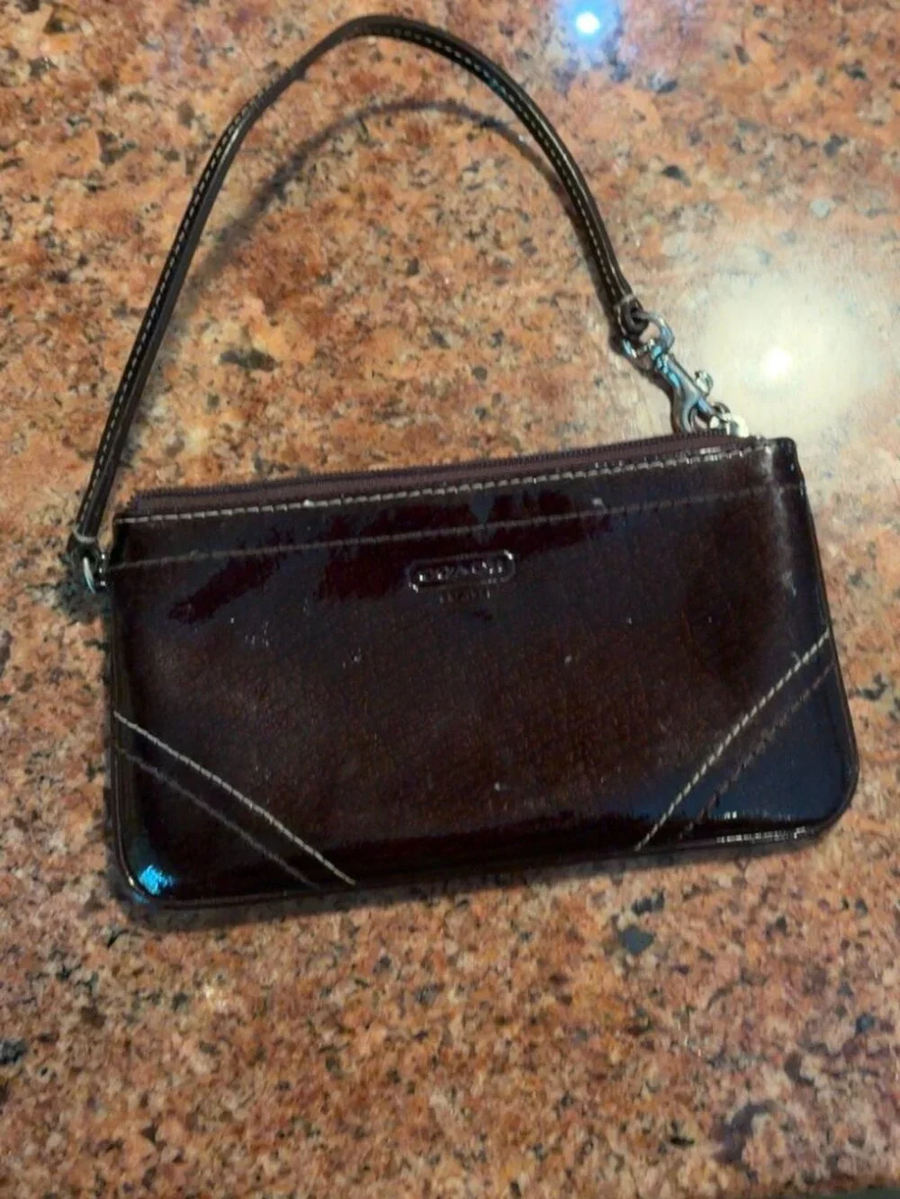 Coach Patent Leather Wristlet – Dark Brown/Burgundy